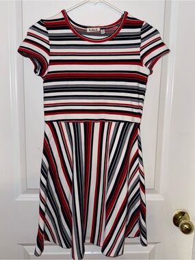 Kidpik Girls Red, White & Blue Striped Fit-and-Flare Dress Size 14